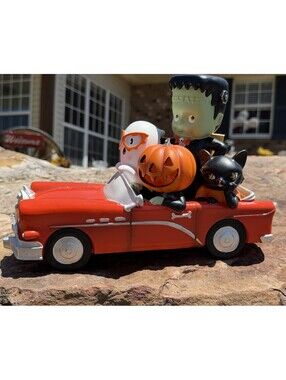 Ghoulish Lighted Halloween Red Car Figurine Frankenstein Ghost Pumpkin Cat New